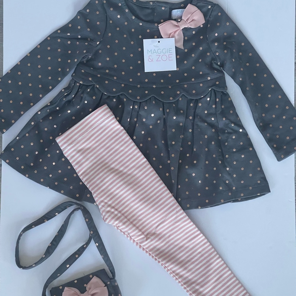 NWT Maggie and Zoe Infant Girl2 pc bow tunic legging set with purseSize:18MGray